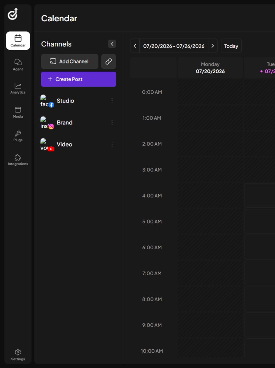Connected social channels including Instagram, Facebook, and YouTube